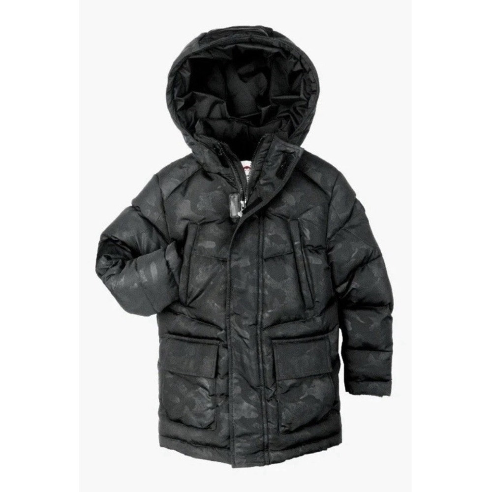 Appaman Kids Summit Hooded Puffer Coat in a black camouflage Size 12